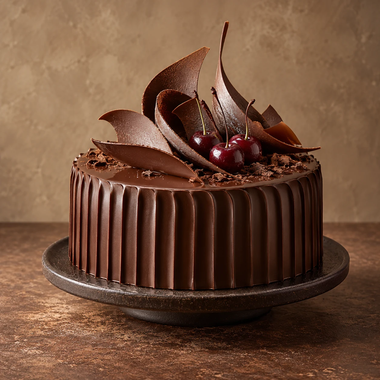 Chocolate cake with sculptural chocolate curls and cherries