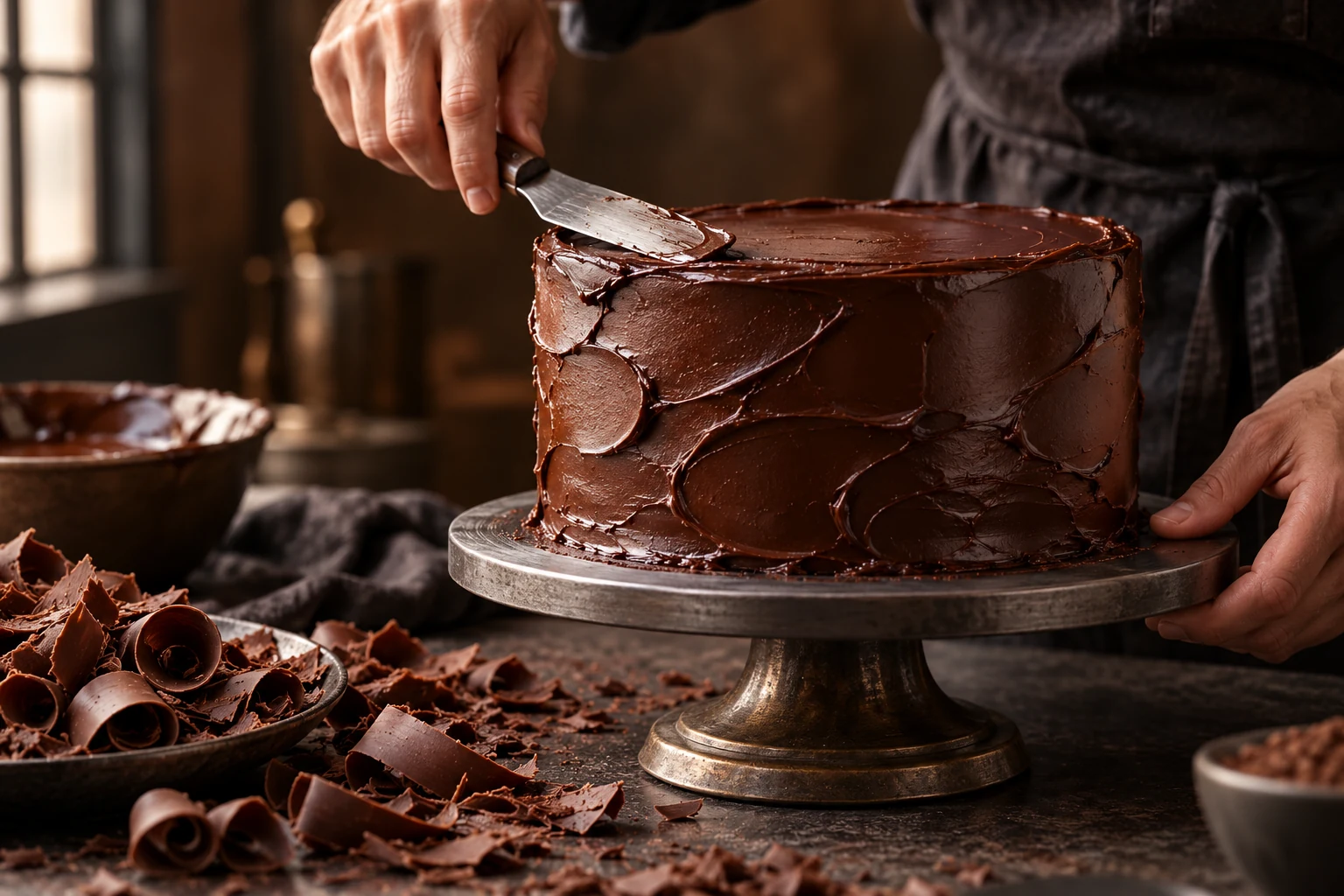A cake artist carefully finishing chocolate ganache with a palette knife
