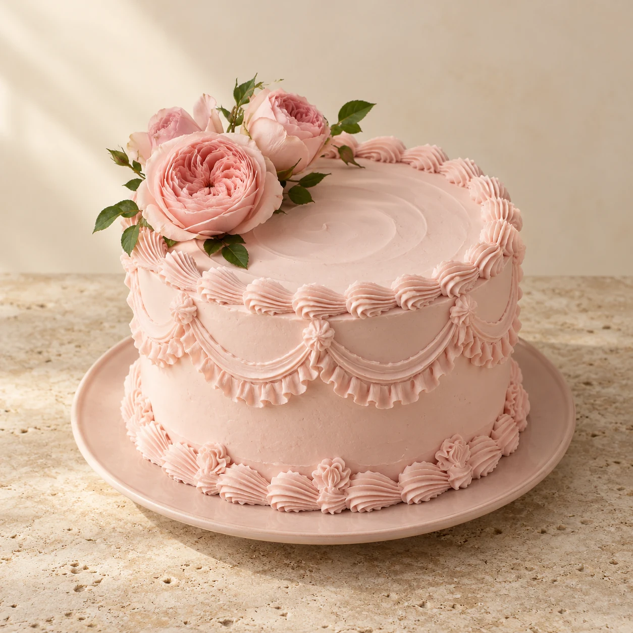 Blush rose cake with delicate buttercream piping